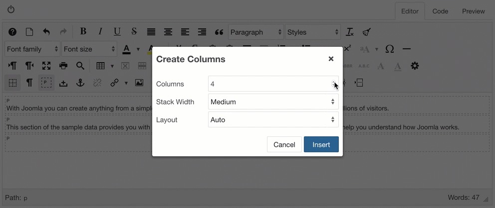 Create columns with the dialog