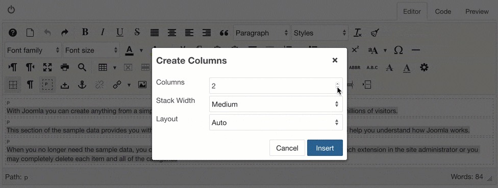 Create columns with a selection and partition content