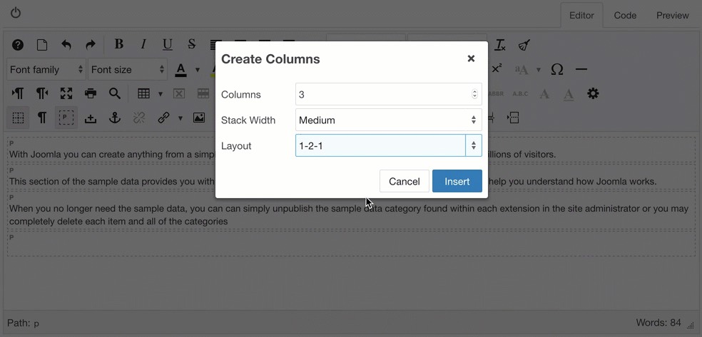 Columns with a layout of 1-2-1