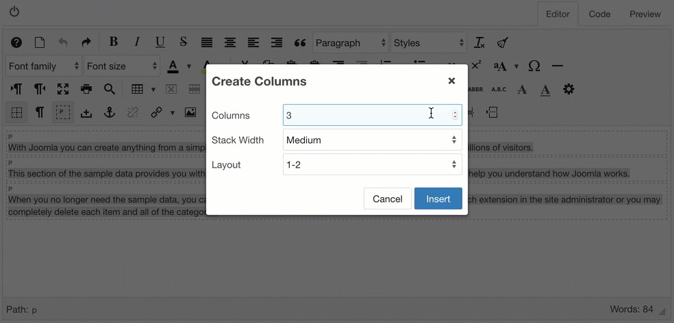 Create columns from a selection with a 1-2 layout