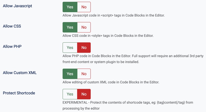 Enable or disable code types supported by Code Blocks