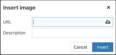 Image Manager Basic Dialog showing the Upload button inside the image URL field