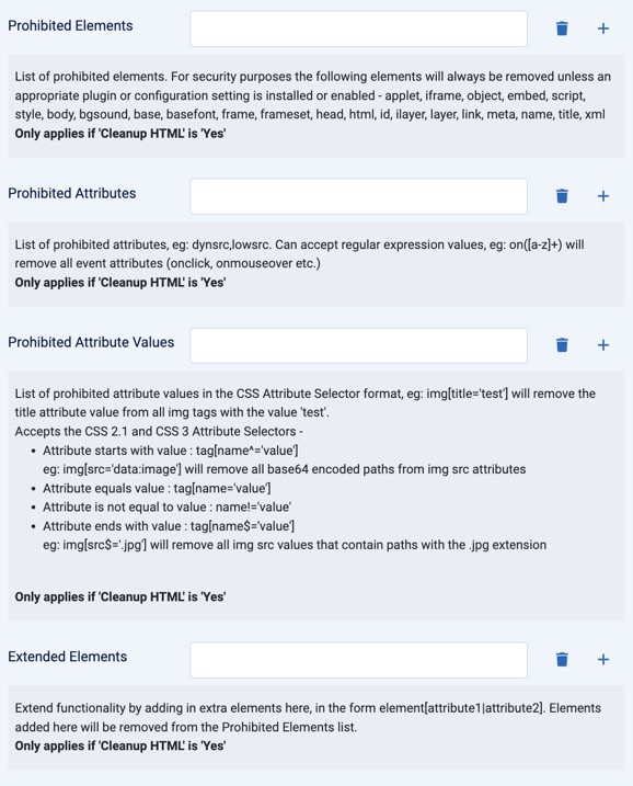 Repeatable text fields for prohibited elements, attributes, and attribute values
