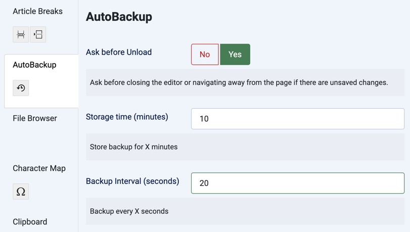 Screenshot of the AutoBackup plugin settings panel displaying configurable Storage Time, Backup Interval in seconds, and the Ask Before Unload option.
