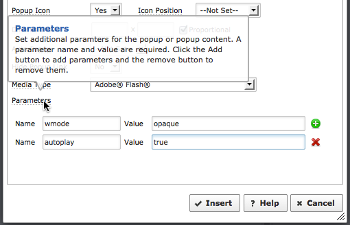 popup parameters