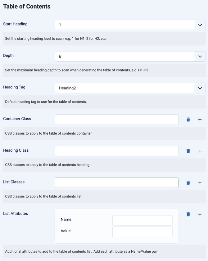 Table of Contents Parameter Options